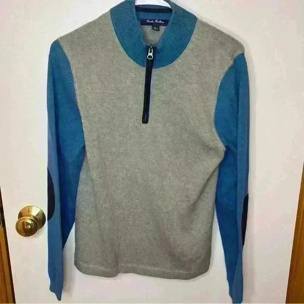 Brooks Brothers 1/4 Zip Sweater Men Large Gray Blue Long‎ Sleeve Cotton